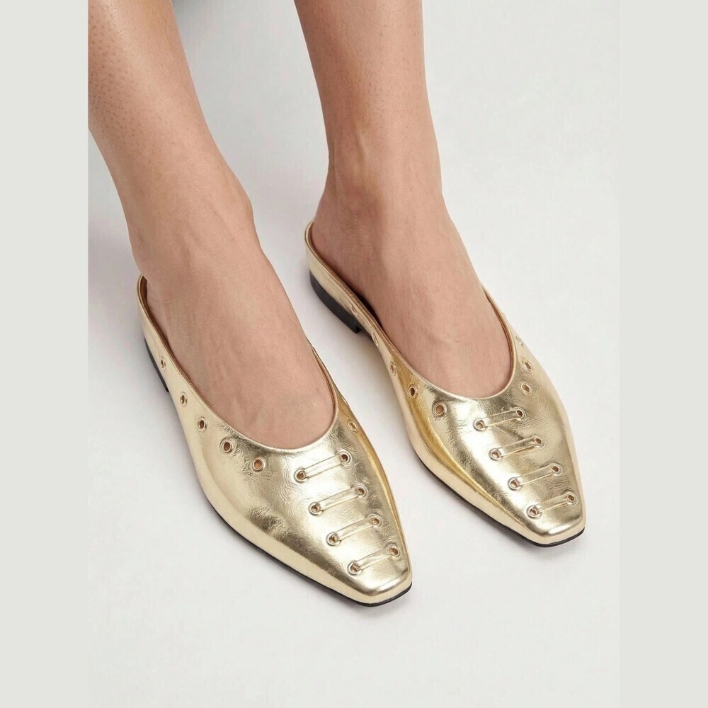 Gold Metallic Hardware Lace Detail Square Toe Flat Mules
